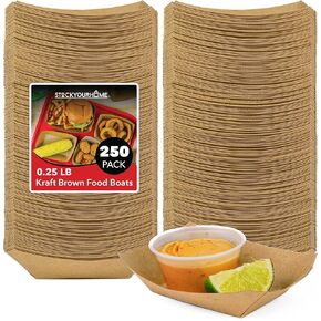 Stock Your Home [250 Pack] Mini Disposable Brown Kraft Paper Food Trays, 0.25-Lb Concession Tray, Serving Boats for Party Snacks, Taco Bar, Seafood, Nachos Plates, Quarter-Pound