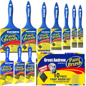 Great Andrew 10 Pack Professional Paint Brushes (4" 3" 2" 2.5" 1.5" 1" Flat & Angle) Painters Paint Brush Set, Paint Brushes for Walls, Painting Brushes Bulk, House Painting Tool Set Kit