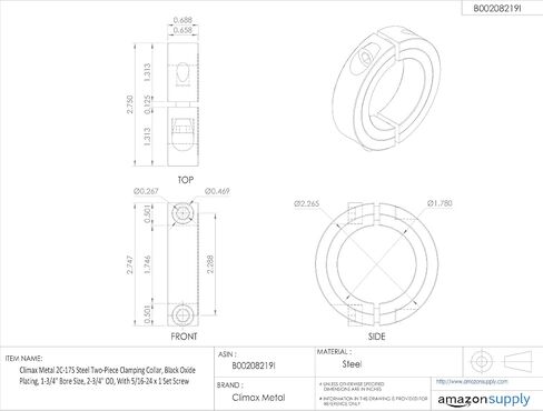 2C-175 Black Oxide Plated Steel Two-Piece Clamping Collar, 1-3/4" Bore Size, 2-3/4" Outside Diameter, 5/16"-24 x 1" Set Screw in Kuwait
