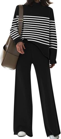 Fixmatti Stripe Sweater Sets for Women 2 Piece Knitted Outfits High Neck Top Wide Leg Pant Loungewear in Saudi Arabia