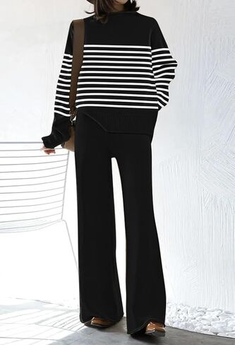 Fixmatti Stripe Sweater Sets for Women 2 Piece Knitted Outfits High Neck Top Wide Leg Pant Loungewear in Saudi Arabia