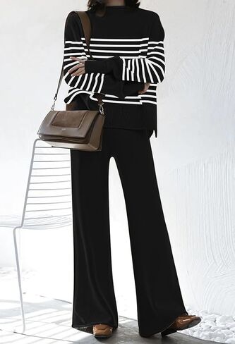 Fixmatti Stripe Sweater Sets for Women 2 Piece Knitted Outfits High Neck Top Wide Leg Pant Loungewear in Saudi Arabia