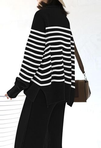 Fixmatti Stripe Sweater Sets for Women 2 Piece Knitted Outfits High Neck Top Wide Leg Pant Loungewear in Saudi Arabia