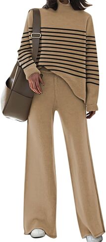Fixmatti Stripe Sweater Sets for Women 2 Piece Knitted Outfits High Neck Top Wide Leg Pant Loungewear in Saudi Arabia