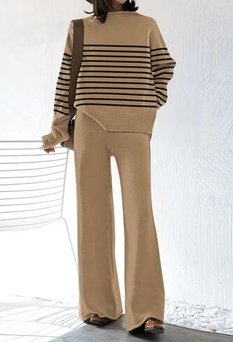 Fixmatti Stripe Sweater Sets for Women 2 Piece Knitted Outfits High Neck Top Wide Leg Pant Loungewear in Saudi Arabia