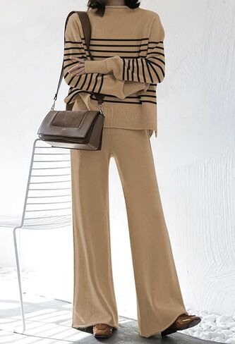 Fixmatti Stripe Sweater Sets for Women 2 Piece Knitted Outfits High Neck Top Wide Leg Pant Loungewear in Saudi Arabia