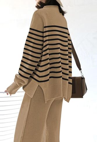 Fixmatti Stripe Sweater Sets for Women 2 Piece Knitted Outfits High Neck Top Wide Leg Pant Loungewear in Saudi Arabia