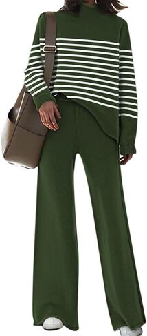 Fixmatti Stripe Sweater Sets for Women 2 Piece Knitted Outfits High Neck Top Wide Leg Pant Loungewear in Saudi Arabia