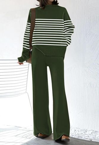 Fixmatti Stripe Sweater Sets for Women 2 Piece Knitted Outfits High Neck Top Wide Leg Pant Loungewear in Saudi Arabia