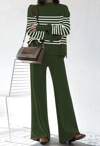 Fixmatti Stripe Sweater Sets for Women 2 Piece Knitted Outfits High Neck Top Wide Leg Pant Loungewear in Saudi Arabia