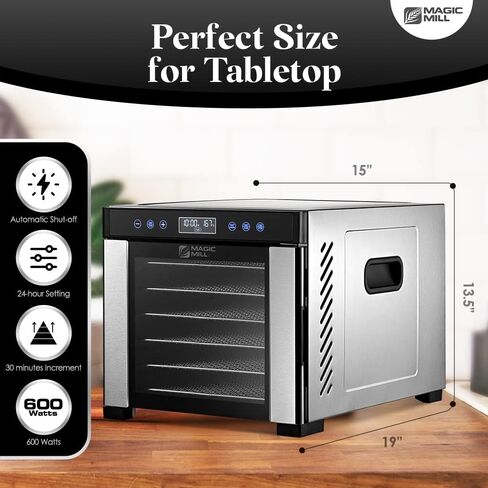 Magic Mill Pro Food Dehydrator Machine | 10 Stainless Steel Trays | Dryer for Jerky, Dog Treats, Herb, Meat, Beef, Fruit | Keep Warm Function, Digital Timer and Temperature Control, ETL Approved in Saudi Arabia
