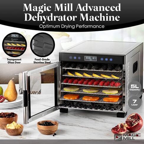 Magic Mill Pro Food Dehydrator Machine | 10 Stainless Steel Trays | Dryer for Jerky, Dog Treats, Herb, Meat, Beef, Fruit | Keep Warm Function, Digital Timer and Temperature Control, ETL Approved in Saudi Arabia