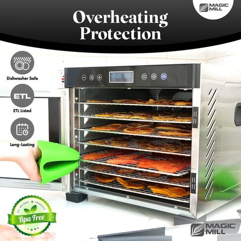 Magic Mill Pro Food Dehydrator Machine | 10 Stainless Steel Trays | Dryer for Jerky, Dog Treats, Herb, Meat, Beef, Fruit | Keep Warm Function, Digital Timer and Temperature Control, ETL Approved in Saudi Arabia