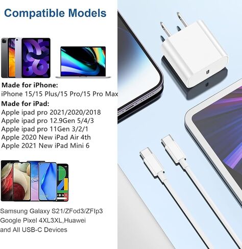 iPhone 16 15 Charger Block,20W USB C Fast Charging Plug/10ft Type C to C Cable Cord Long for Apple iPhone 16/16 Pro/15 Plus/15 Pro Max,iPad 12.9/11 inch 4/3/Air/Mini/6Gen/Wall Power Adapter Cube Brick in Saudi Arabia
