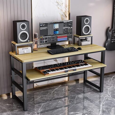 Music Studio Recording Desk with 1 Piano Keyboard Tray, Music Production Workstation, Home Office Furniture Wooden Table (Black Board + Black Frame, 63 inches) in Kuwait