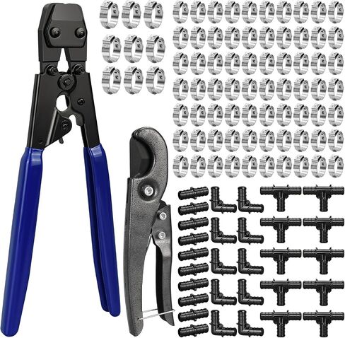 PEX Cinch Clamp Tool Kit, Including 30pcs 1/2" PPSU PEX Fittings, 70pcs 1/2" PEX Cinch Clamps, 10pcs 3/4" PEX Cinch Clamps, 1pcs PEX Pipe Clamp Cinch Tool and 1pcs Pipe Cutter in Kuwait
