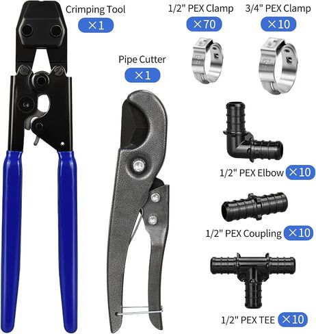 PEX Cinch Clamp Tool Kit, Including 30pcs 1/2" PPSU PEX Fittings, 70pcs 1/2" PEX Cinch Clamps, 10pcs 3/4" PEX Cinch Clamps, 1pcs PEX Pipe Clamp Cinch Tool and 1pcs Pipe Cutter in Kuwait