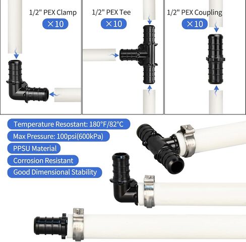 PEX Cinch Clamp Tool Kit, Including 30pcs 1/2" PPSU PEX Fittings, 70pcs 1/2" PEX Cinch Clamps, 10pcs 3/4" PEX Cinch Clamps, 1pcs PEX Pipe Clamp Cinch Tool and 1pcs Pipe Cutter in Kuwait