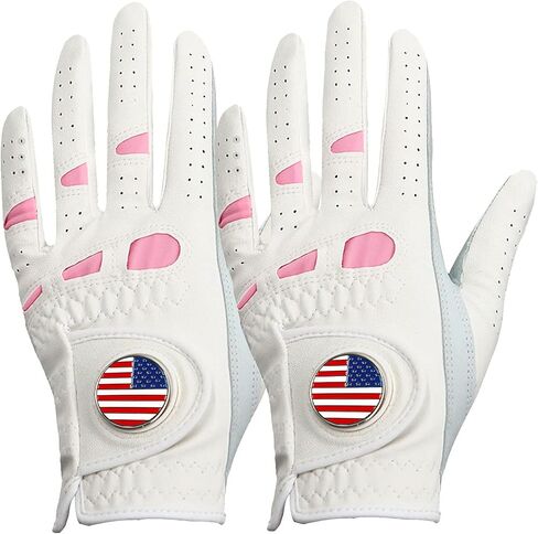 Amy Sport Women's Golf Gloves Left Hand Right with Ball Marker Value 2 Pack, All Weather Grip Rain Soft Leather Pink Size Small Medium Large XL in Saudi Arabia