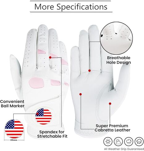 Amy Sport Women's Golf Gloves Left Hand Right with Ball Marker Value 2 Pack, All Weather Grip Rain Soft Leather Pink Size Small Medium Large XL in Saudi Arabia