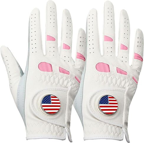Amy Sport Women's Golf Gloves Left Hand Right with Ball Marker Value 2 Pack, All Weather Grip Rain Soft Leather Pink Size Small Medium Large XL in Saudi Arabia