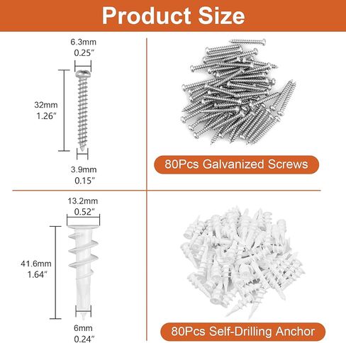 120pcs Self Drilling Drywall Anchors, Premium Drywall Anchors, Drywall Anchors and Screws Kit, 70lb Hanging and Mounting, 60 Self-Tapping/Threaded Plastic Sheetrock Anchors, 60#8x1-1/4 Screws in Saudi Arabia
