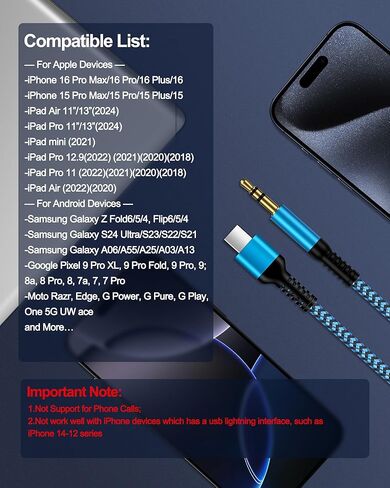 سلك iPhone 15 Aux للسيارة، سلك USB C Aux من النوع C إلى 3.5 مم كابل ذكر جاك مساعد صوتي، كابل ستيريو مساعد OX مضفر إلى USBC لـ Apple 16 Pro Max، 16 Pro، 16 Plus، 16، 15Pro Max، 15Plus، 15Pro in Kuwait