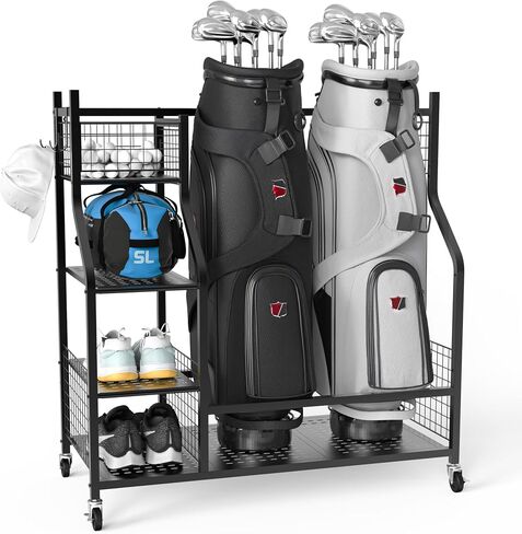 PLKOW Golf Bag Stand Golf Bag Organizer Fits for 2 Golf Bags Golf Clubs Golf Equipment, Golf Bag Holder Golf Organizer for Garage Shed Basement in Kuwait
