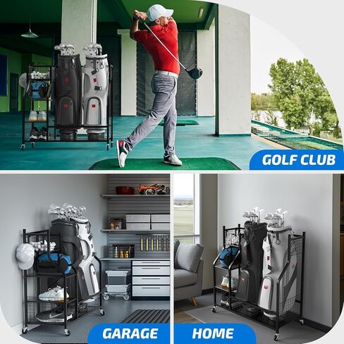 PLKOW Golf Bag Stand Golf Bag Organizer Fits for 2 Golf Bags Golf Clubs Golf Equipment, Golf Bag Holder Golf Organizer for Garage Shed Basement in Kuwait