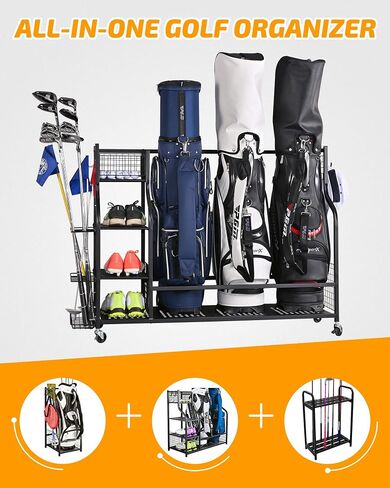 PLKOW Golf Bag Stand Golf Bag Organizer Fits for 2 Golf Bags Golf Clubs Golf Equipment, Golf Bag Holder Golf Organizer for Garage Shed Basement in Kuwait