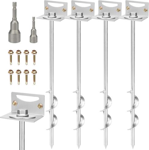 24'' Mobile Home Anchors, Set of 4 Ground Anchors Screw in with Brackets and Drill Bit Storage Shed Anchor Kit Swing Anchor Kits Heavy Duty Spiral Garden Earth Anchors for Trampoline Fence in Kuwait