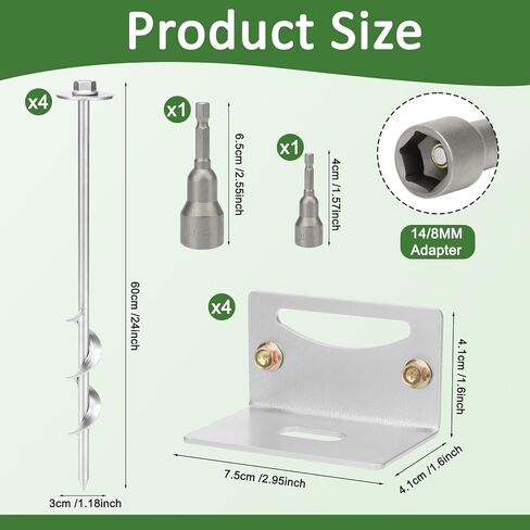 24'' Mobile Home Anchors, Set of 4 Ground Anchors Screw in with Brackets and Drill Bit Storage Shed Anchor Kit Swing Anchor Kits Heavy Duty Spiral Garden Earth Anchors for Trampoline Fence in Kuwait