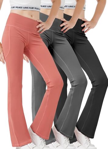 Girls Flare Leggings Bootcut Yoga Pants for Youth with Pocket Bell Bottom High Waist Athletic Workout Tights 3 Pack in Saudi Arabia