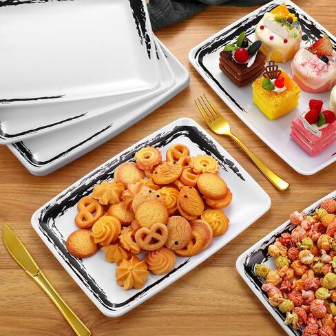 12 Pcs Large Capacity Serving Tray 11 x 8 Inch Plastic Rectangle Serving Platters Reusable Dessert Trays for Valentine's Day Party Buffets Weddings Easter Serving(White, Black) in Kuwait