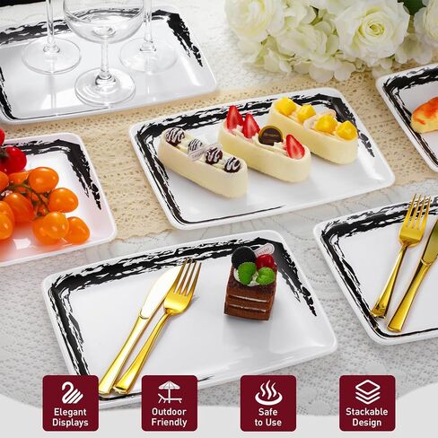 12 Pcs Large Capacity Serving Tray 11 x 8 Inch Plastic Rectangle Serving Platters Reusable Dessert Trays for Valentine's Day Party Buffets Weddings Easter Serving(White, Black) in Kuwait
