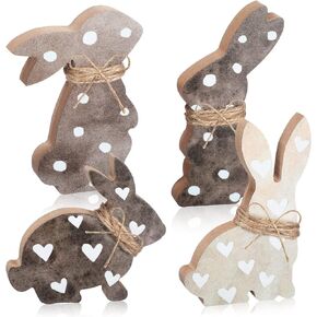 4 Pieces Easter Bunny Wooden Sign, Bunny Shape Easter Decorations Tabletop Rabbit Decor with Jute Rope Freestanding Farmhouse Rabbit Tiered Tray Decor for Spring Party Desk Office Gift Table Home