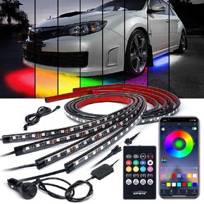 شريط أضواء بلوتوث Xprite مزدوج الصف RGB LED للسيارة، 4 قطع من مجموعة إضاءة خارجية متوهجة للسيارات النيون مع تحكم APP وجهاز تحكم عن بعد لاسلكي، عالمي للمركبات وشاحنات الدفع الرباعي والشاحنات والشاحنات الصغيرة