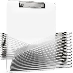 25 Pack Transparent Plastic Clipboards Bulk Acrylic Clear Clip boards with Low Profile Metal Clip Board 12.5 x 9 Inch Letter Size Clipboard Class Set for Classroom with Hanging Hook - Holds 100 Sheets