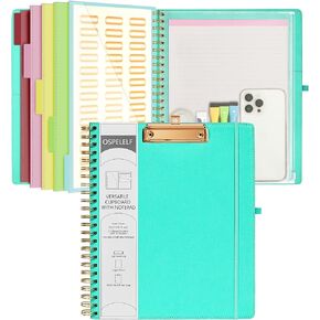 Ospelelf Green Foldable Spiral Clipboard Folio with Storage Zipper Pouch, 5 Plastic Folders with 10 Pockets, Refillable Lined Notepad (11" x 8.5"), Linen Hardcover Project Organizer