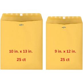2 Sizes Clasp Envelopes 28 lb Kraft Paper Gummed Clasp Closure, 25-ct 9 in. x 12 in., 25-ct 10 in. x 13 in. (50 total)