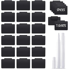 20 Pieces Basket Labels Clip On Set, Includes 18 Pieces Kitchen Bin Labels with 2 White Markers for Pantry Organization Box (Black Label Clips, White Marker)
