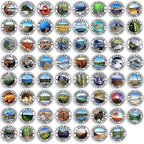 Sheet of 63 Round: 1 inch Tall National Park Stickers (All Outdoor Decal US Vinyl RV Travel Decals for Cars Laptops, Scrapbooking, and Cell Phones)