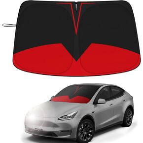 Black Sunshade for Tesla Model 3/Y, UPF50+ Double-Layer 240T High-Density, Front Windshield Sun Visor, Blocks UV/Heat, Foldable Window Cover Keeps Vehicle Cool, for Model 3 Model Y Accessory