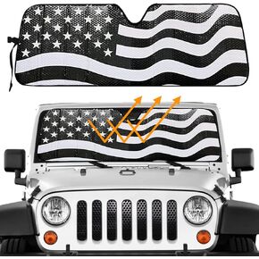 Big Hippo American Flag Windshield Sunshade for 2007-2023 Wrangler Rubicon Sahara TJ JK JKU 2 & 4 Door Car Sun Shade Sun Visor Protector Blocks UV Rays and Keep Vehicle Cool (Black)