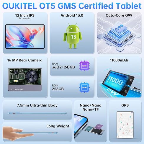 تابلت OUKITEL OT5 12 بوصة بنظام Android 13 - 11000 مللي أمبير في الساعة 2K MTK Helio G99 ثماني النواة 2.2 جيجا هرتز، أقراص ألعاب 36 جيجابايت + 256 جيجابايت ROM 2 تيرابايت موسع للبالغين، كاميرا 16 ميجابكسل + 8 ميجابكسل، مكبرات صوت رباعية، TÜV/BT 5.2/GPS/OT in Kuwait