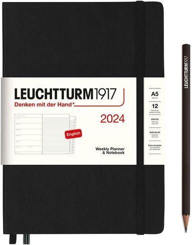 LEUCHTTURM1917 - مخطط أسبوعي ودفتر ملاحظات 2024 مع كتيب إضافي، غلاف مقوى، متوسط ​​(A5)، أسود (1 يناير - 31 ديسمبر 2024) in Kuwait