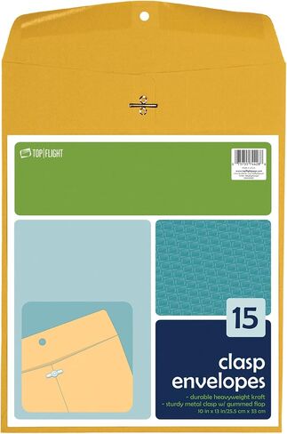 Top Flight Clasp Envelopes, Gummed and Clasped Closure, 10 x 13 Inches, Brown Kraft, 15 Envelopes per Pack (6911122) in Saudi Arabia