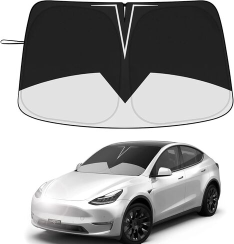 Black Sunshade for Tesla Model 3/Y, UPF50+ Double-Layer 240T High-Density, Front Windshield Sun Visor, Blocks UV/Heat, Foldable Window Cover Keeps Vehicle Cool, for Model 3 Model Y Accessory in Kuwait