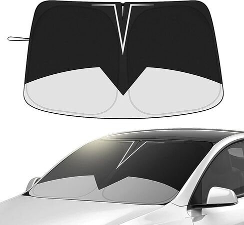 Black Sunshade for Tesla Model 3/Y, UPF50+ Double-Layer 240T High-Density, Front Windshield Sun Visor, Blocks UV/Heat, Foldable Window Cover Keeps Vehicle Cool, for Model 3 Model Y Accessory in Kuwait