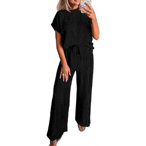 KIRUNDO Womens Summer 2 Piece Outfits Casual Ribbed Knit Short Sleeve Tops Wide Leg Pants Lounge Sets Tracksuit Sweatsuit